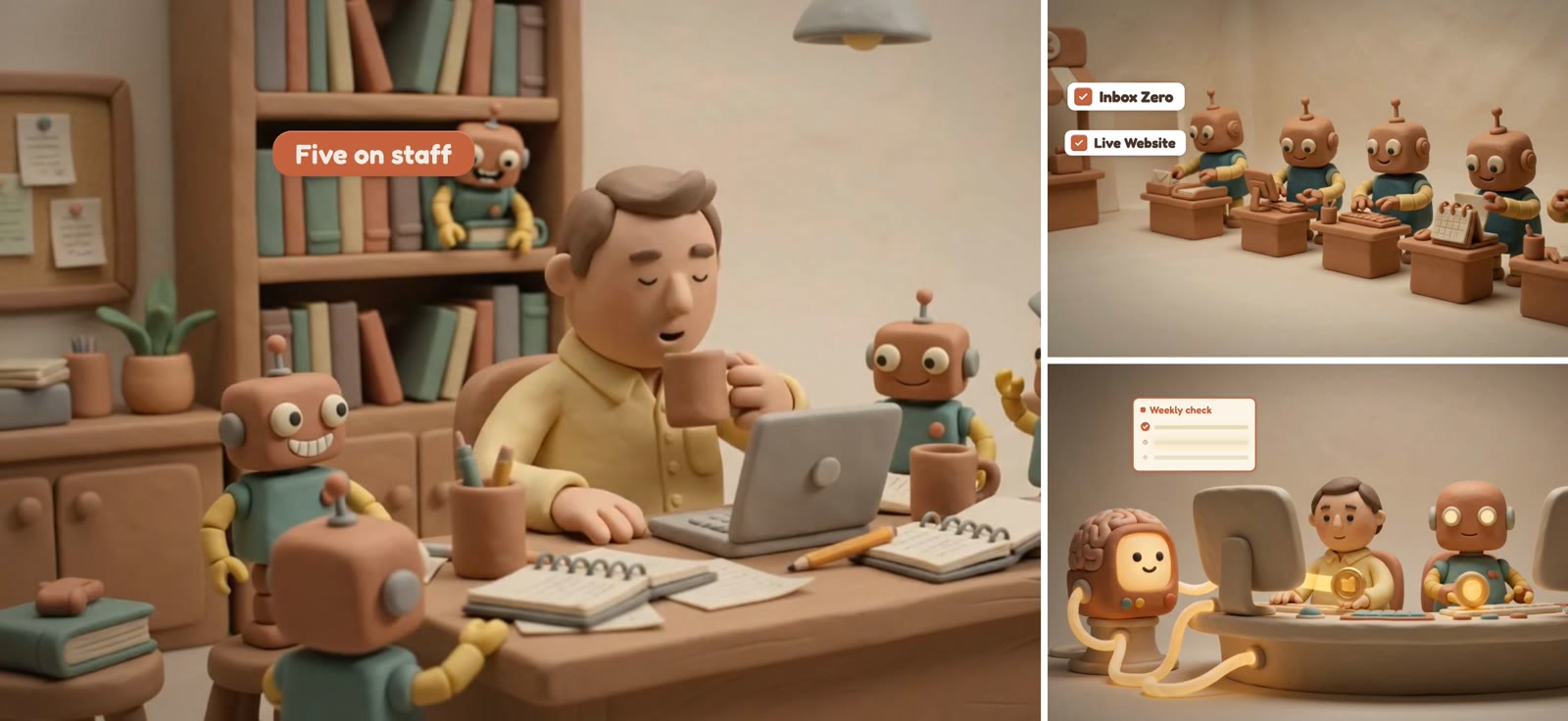 Collage from the claymation VSL: clay Zach with his robot staff, a robot assembly line, and the weekly-check roundtable